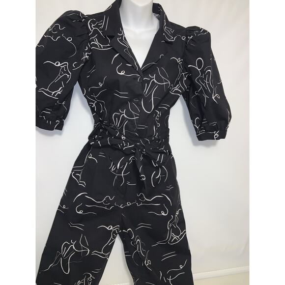 LHD Black Women’s Sz 8 All Over Ladies Figure Graphic Print Puff Sleeve Jumpsuit - Picture 2 of 8